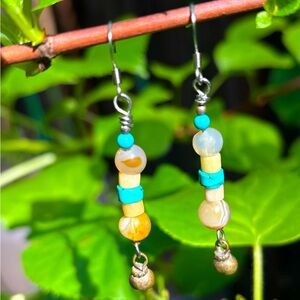 Handmade Vintage Genuine Turquoise Heshi and Agate Mixed Metal Dangle Earrings